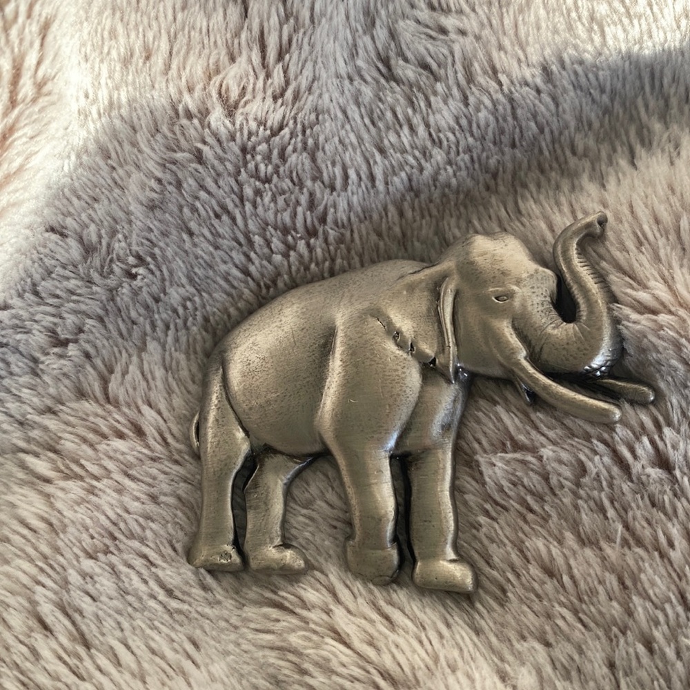 Vintage Pewter Elephant brooch pin trunk up